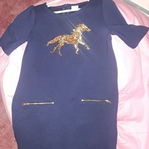 Girls navy dress with gold sequin horse